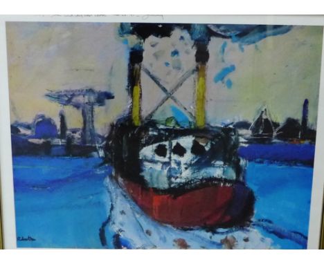 James D. Robertson, RSA, RSW, RGI, "Ferry Boat" Limited edition coloured print, signed in pencil and numbered 75/500,  in a g