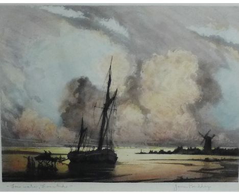 James Priddey  'Low Water, Even Tide' Coloured engraved print, pencil signed, in a glazed frame, 30 x 24cm 