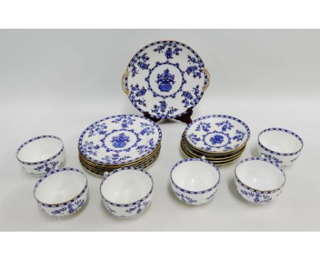 Royal Doulton blue and white porcelain teaset comprising six cups, five saucers, six side plates and a cake plate (a lot) 
