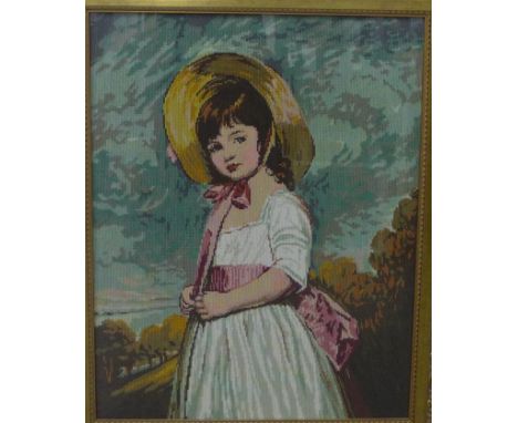 Tapestry of a "Young Girl in a Bonnet", in a glazed and giltwood frame, 54 x 69cm
