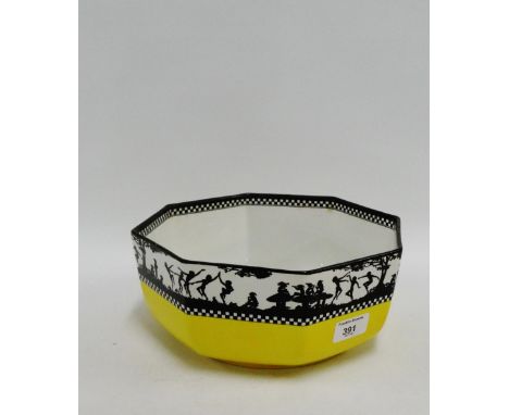 H &amp; K Tunstall octagonal black, white and yellow glazed bowl with silhouette frieze 