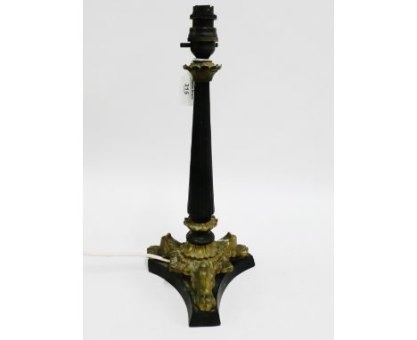 Ebonised wooden table lamp base with brass collar and hairy paw feet, 40cm high