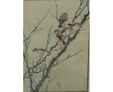 "Sparrows on a Branch"  Japanese woodblock print, with a publishers seal lower centre, in a glazed and ebonised frame, 15 x 2
