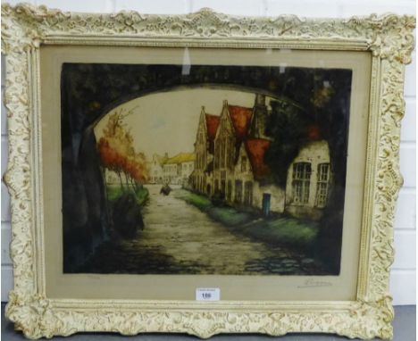 Entree du Beguine  Coloured engraved print in a gilt wood frame, 45 x 35cm 
