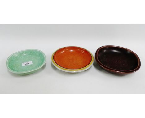 Royal Copenhagen Marselis brown glazed dish by Gunnar Nylund, together with another smaller green glazed Marselis dish, large
