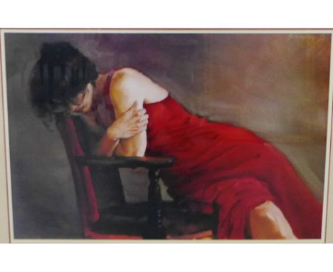 "Lady in a Red Dress", contemporary coloured print in a glazed frame, 85 x 55cm