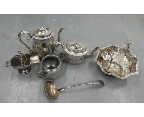 Carton of Epns wares to include teaset, twin handled basket, sugar scuttle, ladle etc., (a lot) 