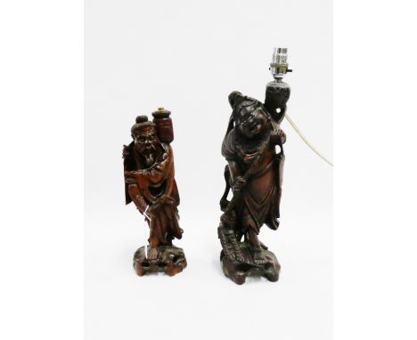 Pair of carved root wood figural table lamp bases, tallest 37cm high excluding fittings, (2) 