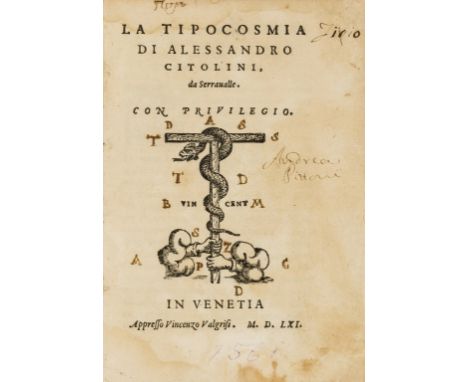 Citolini (Alessandro) La Tipocosmia, first edition, woodcut printer's device to title, water-stained, title lightly browned, 