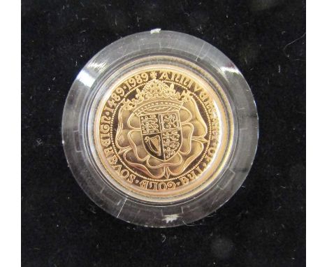 1989 gold sovereign, struck to celebrate 500 years of the sovereign introduced in the reign of Henry VII. Elizabeth II enthro