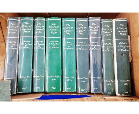 Latham, R C Matthews, W "The Diary of Samuel Pepys", all with dj, published by Bell, vols 1, 2, 3, 4, 5, 6, 7, 8, 9 only (9) 