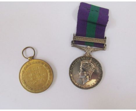 George VI general service medal awarded to '14025073, Signmn. RL Elliott, R. Sigs'. WWI victory medal awarded to '4367, Pte E