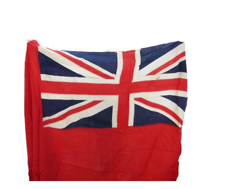 Two red ensign (240 x 120cm and 300 x 150cm approx), two Cross of St. George pennants and a tin army trunk (5).