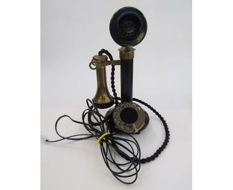 Early 20th century bakelite and brass candlestick telephone with the accompanying bell ringing set, converted to be used as a