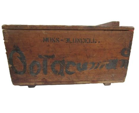 Wooden military chest with 'Ootacamund' stencilled on side, a large tin trunk and a Rurki wooden chair, needing repair.