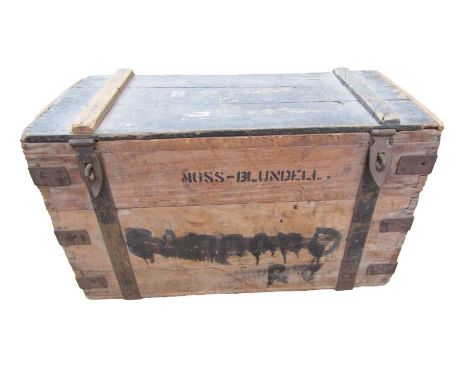 Wooden mule chest, metal lined, the owner Moss Blundell was in the Bombay Grenadiers and the Raj Putana Rifles 1924-1930, con