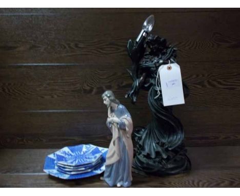 ART NOUVEAU STYLE FIGURAL ELECTRIC LAMP
46cm high; along with a Nao figure and five blue and white plates (7)