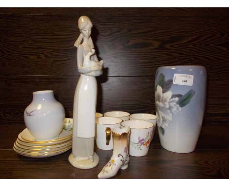 TWO ROYAL COPENHAGEN VASES
together with a hand painted part tea set and a Nao figure of a women and duck