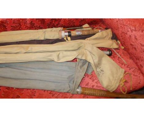 COLLECTION OF FOUR VINTAGE SPLIT CANE FISHING RODS
and various spare sections