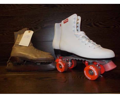 PAIR OF AMERICAN 'CHICAGO' ROLLER SKATES, 
with original box, US size 8; along with a pair of vintage leather ice skates (2)