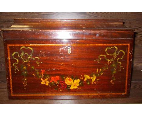 VICTORIAN HAND PAINTED MAHOGANY CHEST
with bevelled lid and two brass handles, interior fitted with bright floral design fabr