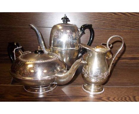 SILVER PLATED FOUR-PIECE TEA SERVICE
comprising a teapot, coffee pot, sugar and cream, each engraved to its body, the teapot 