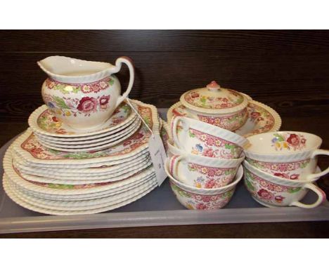 VICTORIAN PINK TRANSFER PRINTED PART DINNER SET
including 5 cups and saucers, 6 sideplates, 6 soup bowls, 6 dinner plates, cr