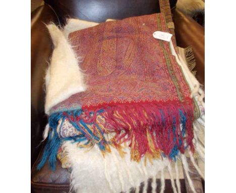 19TH-CENTURY PAISLEY SHAWL
together with a tapestry and other textiles 
Condition varies