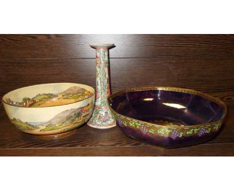 CHINESE FAMILLE ROSE CANDLESTICK
together with a Royal Doulton fruit bowl and octagonal lustre fruit bowl ( 3 )