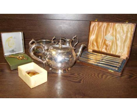SILVER HANDLED KNIFES, SILVER PLATED THREE PIECE TEA SERVICE AND COSTUME JEWELLERY