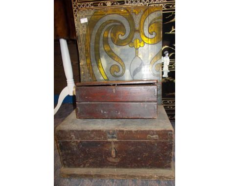 TWO VINTAGE WOODEN TOOL BOXES
together with a decorative glass panel
