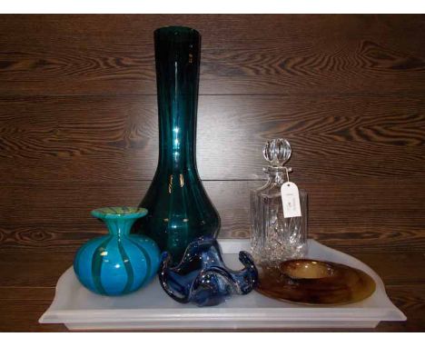 MEDINA GLASS VASES
with blue and green spiralling design, signed to base; together with a high blue vase, decanter, glass hol