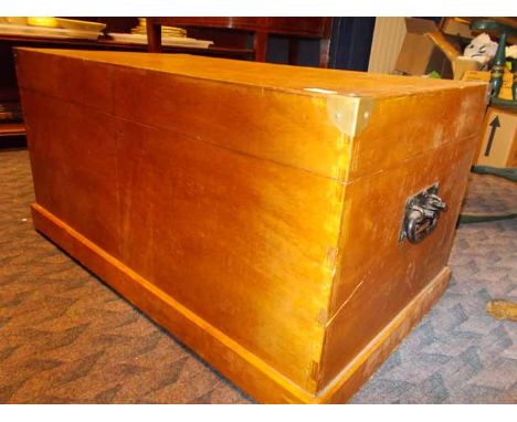 PINE BLANKET CHEST
with contents which includes a sewing machine, a gun box, vintage bags etc 