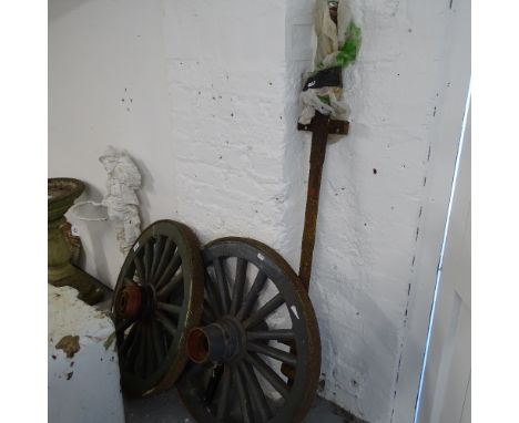 A pair Vintage painted barrow-boy cartwheels and axel, wheel diameter 60cm 