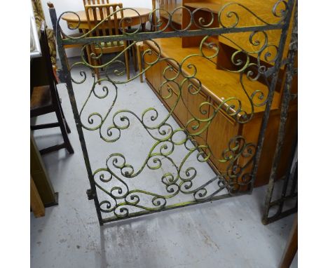 A weathered scrolled wrought-iron side gate, W91cm, H107cm, and another, W71cm, H160cm (2) 