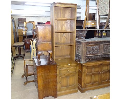 An Ercol elm Golden Dawn mural 2-section bookcase of narrow size, with drawer and cupboard to the base, W52cm, H196cm, D49cm 