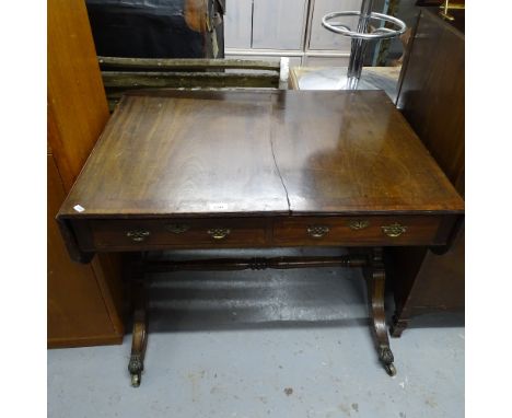 19th century crossbanded mahogany sofa table, with 2 frieze drawers, W90cm, H71cm, D66cm 