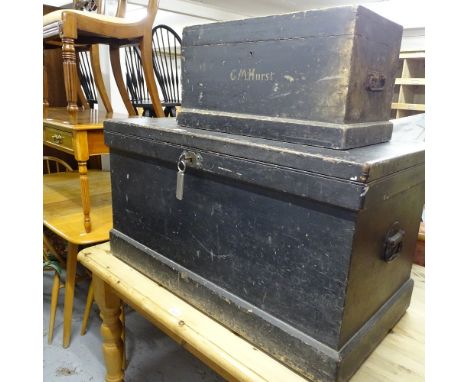 A Victorian painted pine tool box, with fitted trays, and a small pine box (2) 