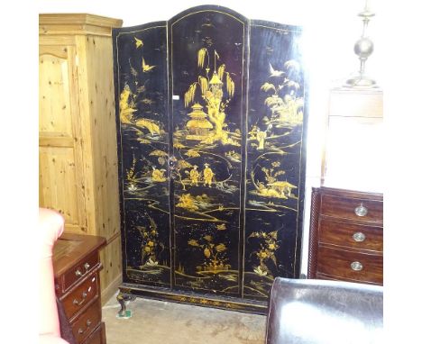 A 1920s Oriental design arch-top wardrobe, with allover chinoiserie decoration, W122cm, H205cm, D50cm 