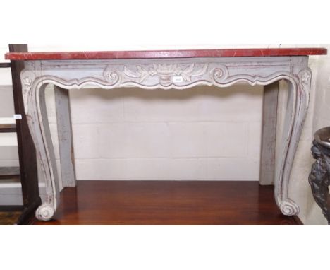 A shabby chic grey painted console table, with carved frieze, on cabriole legs, W130cm, H73cm, D45cm 