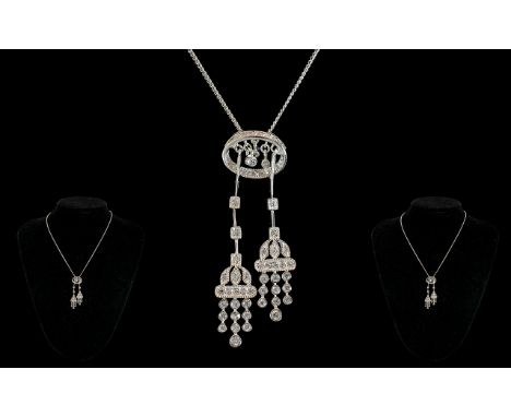 Silver Statement Necklace of Art Deco Design. Silver Necklace with Large Pendant Drop Full of White Sparkly Stones, Very Pret