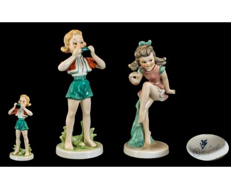 W. Goebel - Signed Early Pair of Hand Painted Porcelain Figures. Each Figure Signed ' Nasha ' Series. Comprises 1/ Girl Playi