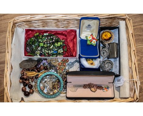Box of Vintage Costume Jewellery comprising a collection of brooches, some silver, some stone set, a 'three monkeys' pendant,
