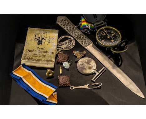 Military Interest - Small Mixed Lot to include a marching compass engraved with soldier's name, Sgt K W Drake.  Defence medal