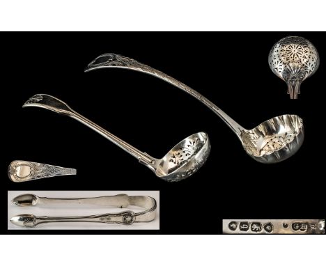 A Fine Trio of Antique Sterling Silver Flat-wear Pieces. Comprises 1/ Superb Quality Preserve Fruit Ladle by George William A