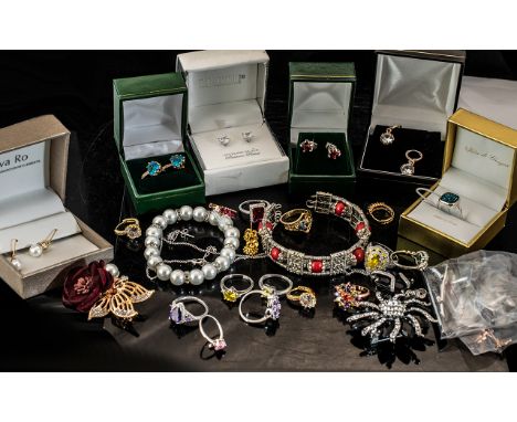Good Box Of Costume Jewellery. Includes Swarovski Elements Drop Earrings In Box, Silver Rings, Pearl Style Bracelet, Silver M