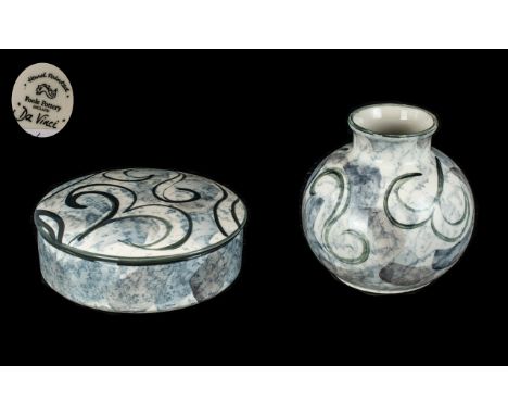 2 Poole Pottery ' Da Vinci ' Items. Full Marks to Base. Comprises Round Lidded Pot, Approx 5.5 Inches Diameter &amp; Small Va