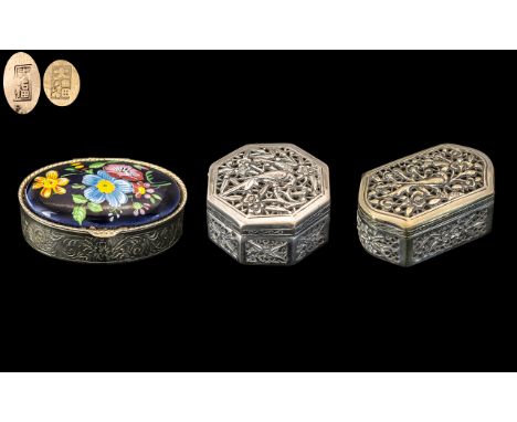 Chinese - Early 20th Century Silver Lidded Pill Boxes of Small Proportions. With Open-work and Figural Decoration to Tops and