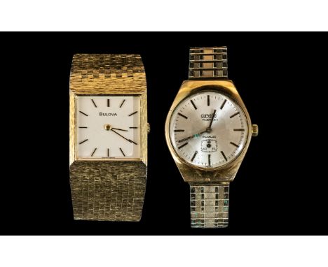 Two Gents Manual Wind Wrist Watches, including a Bulova with square dial and Roman numerals, and a Corvette with battened num