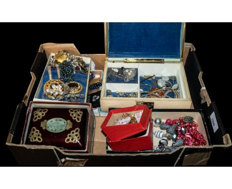 Collection of Vintage Costume Jewellery, comprising silver gate bracelet, a stone set bar brooch, a set of blue and crystal f